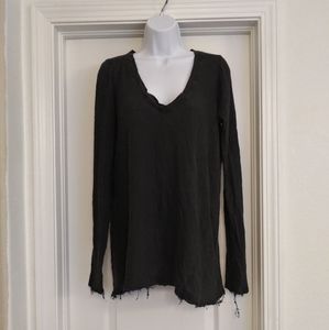 Free People Frayed V Neck Long Sleeve Top